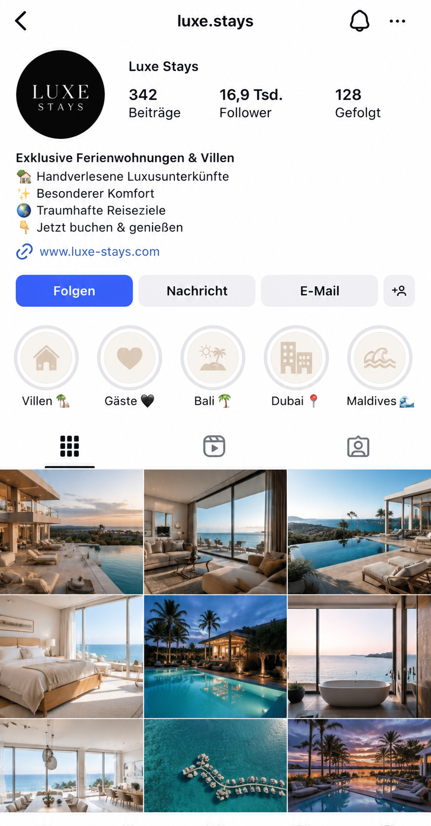Luxe Stays - Instagram profile screenshot showcasing travel and luxury brand showcase