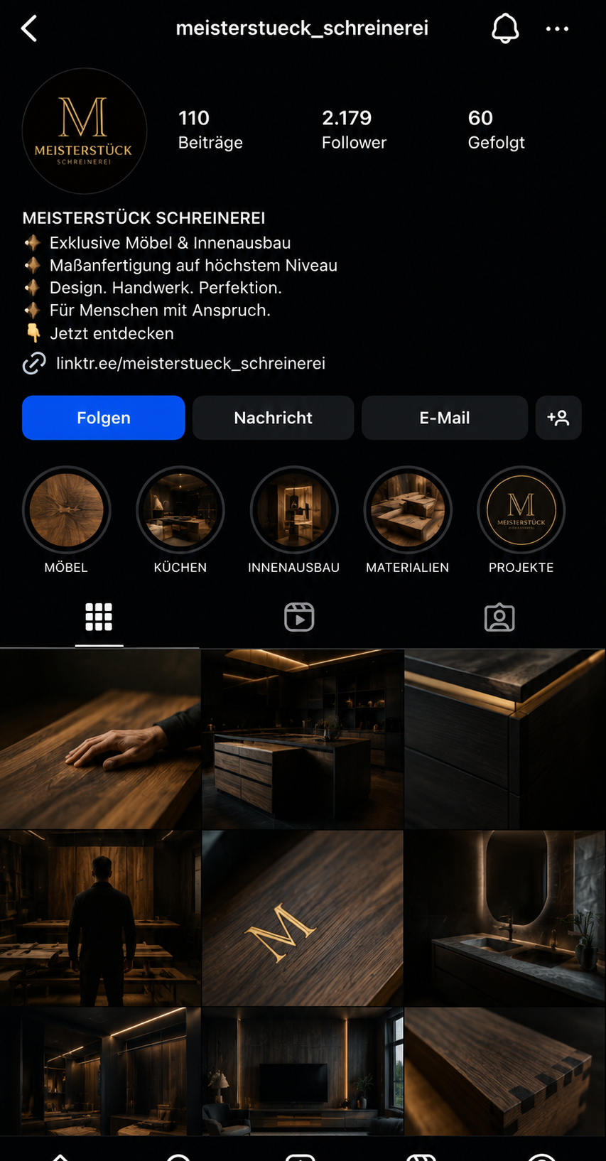Meisterstück Schreinerei - Instagram profile screenshot showcasing professional carpentry and craftsmanship content